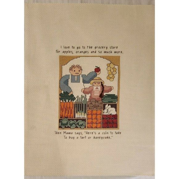 Vtg FINISHED CROSS STITCH Needlepoint Girl and Clerk Market Scene quote 13" - Picture 2 of 5